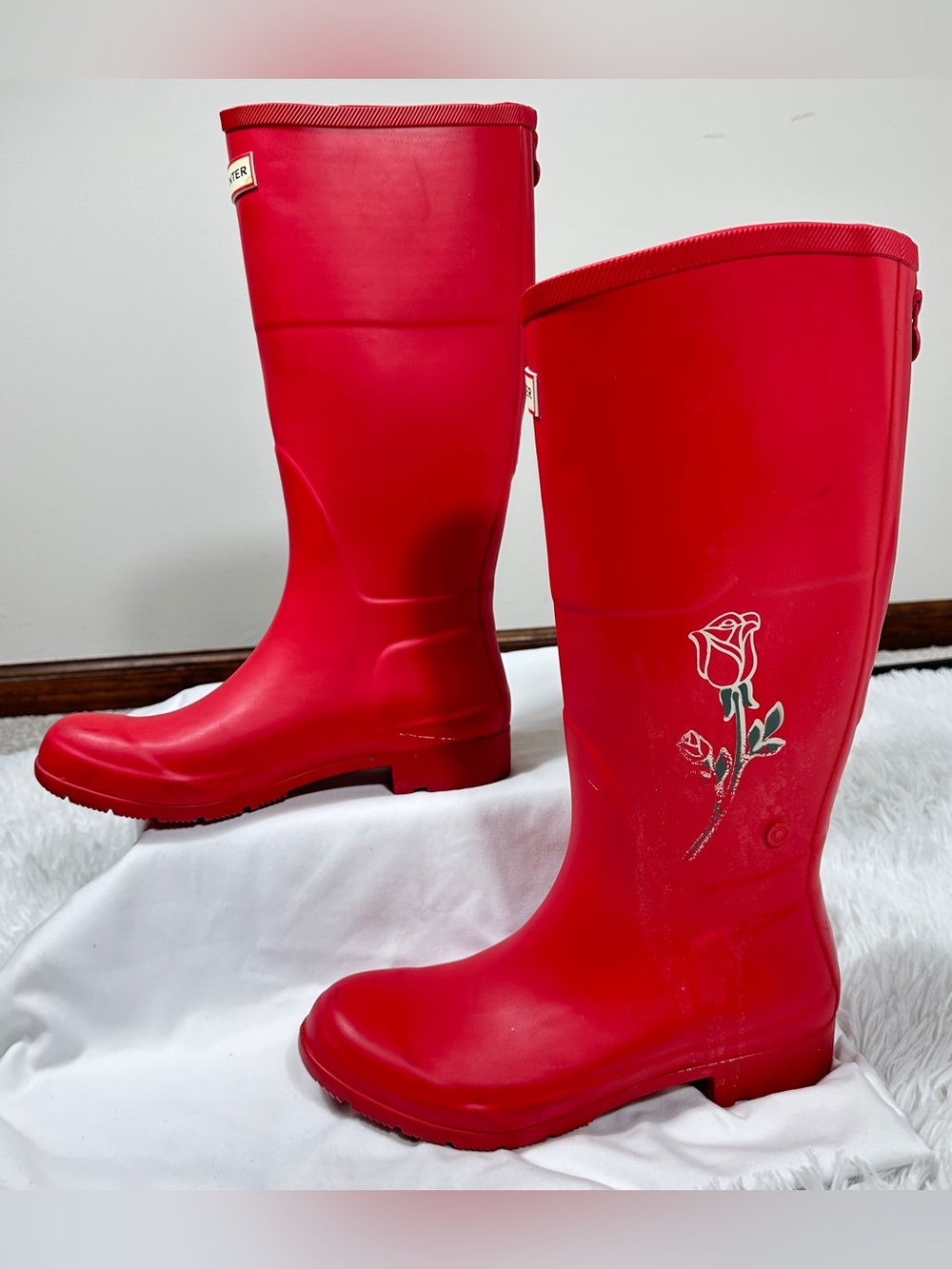Hunter for Target Red Floral Tall Rain Boots Women’s Size 8 Striped Lining - Picture 3 of 14